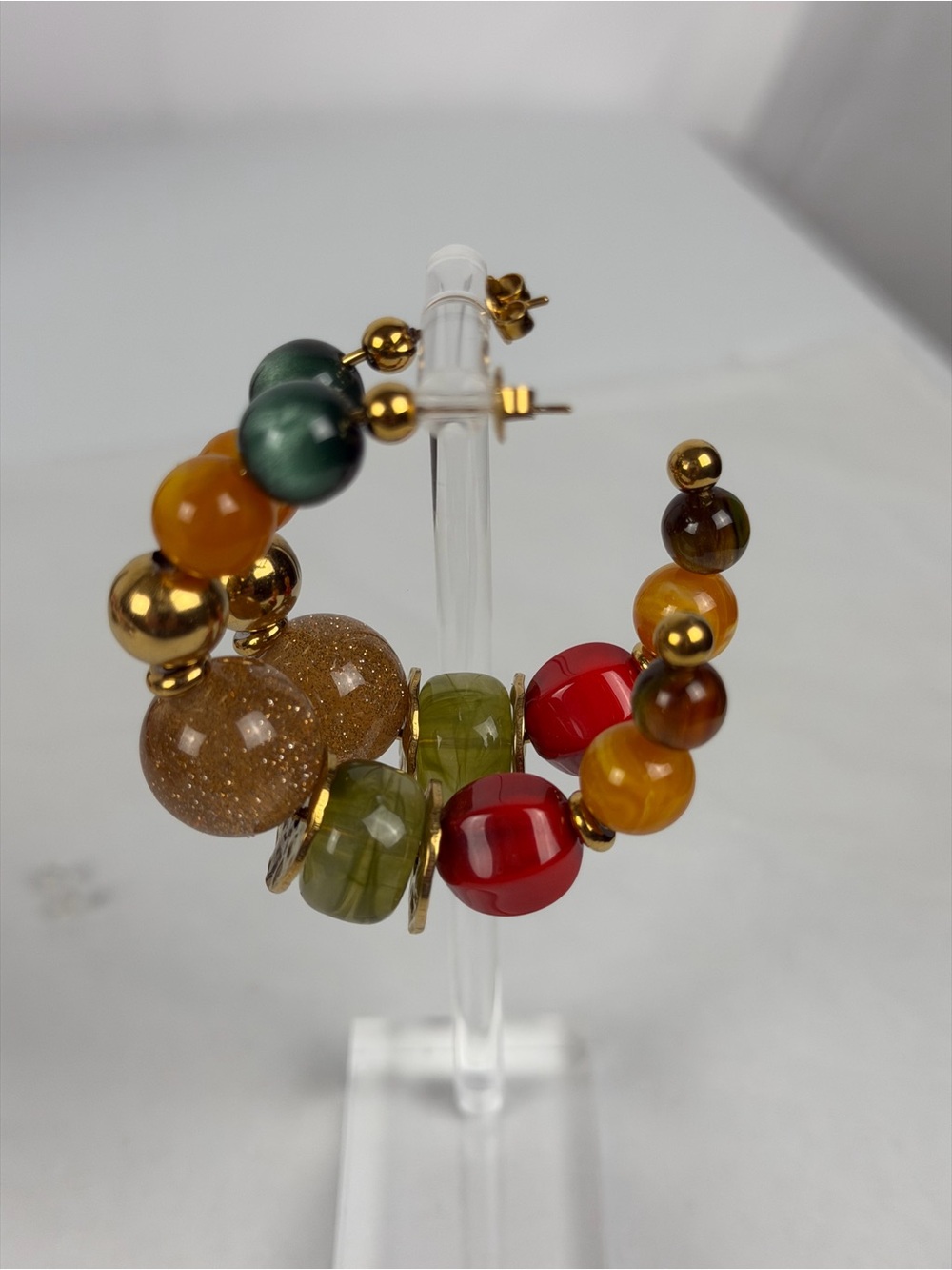 Multicolor Bead Hoop Earrings - Green, Red, Amber